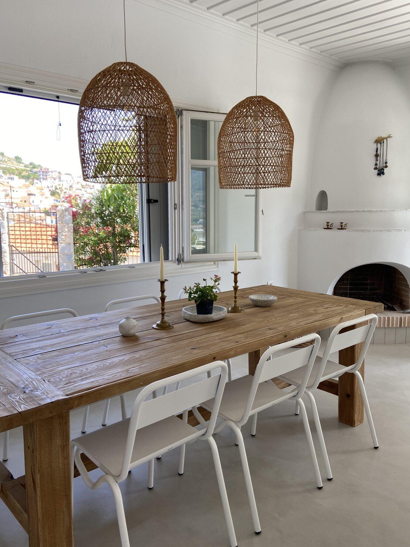 The dining table, with the town through the window